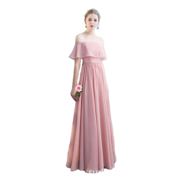 2021 Spring Cheapest Chiffon Off Shoulder Pink Backless Evening Dinner Long Loose Plus Size Bridesmaid Dresses